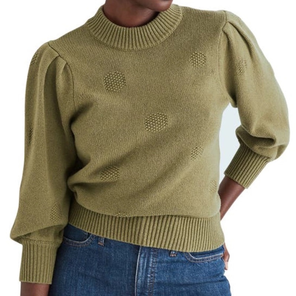 Dotted Eaton Puff-Sleeve Pullover Sweater in Cotton-Merino Yarn.  Women’s Large.